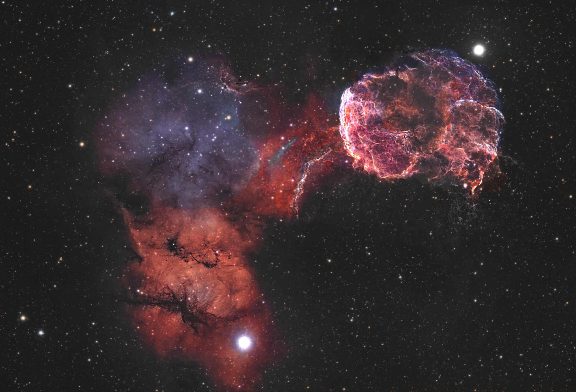 IC443 Lun Photoline 80 à F/4.5, H+S/SHO, mars 2025, 16h de pose.