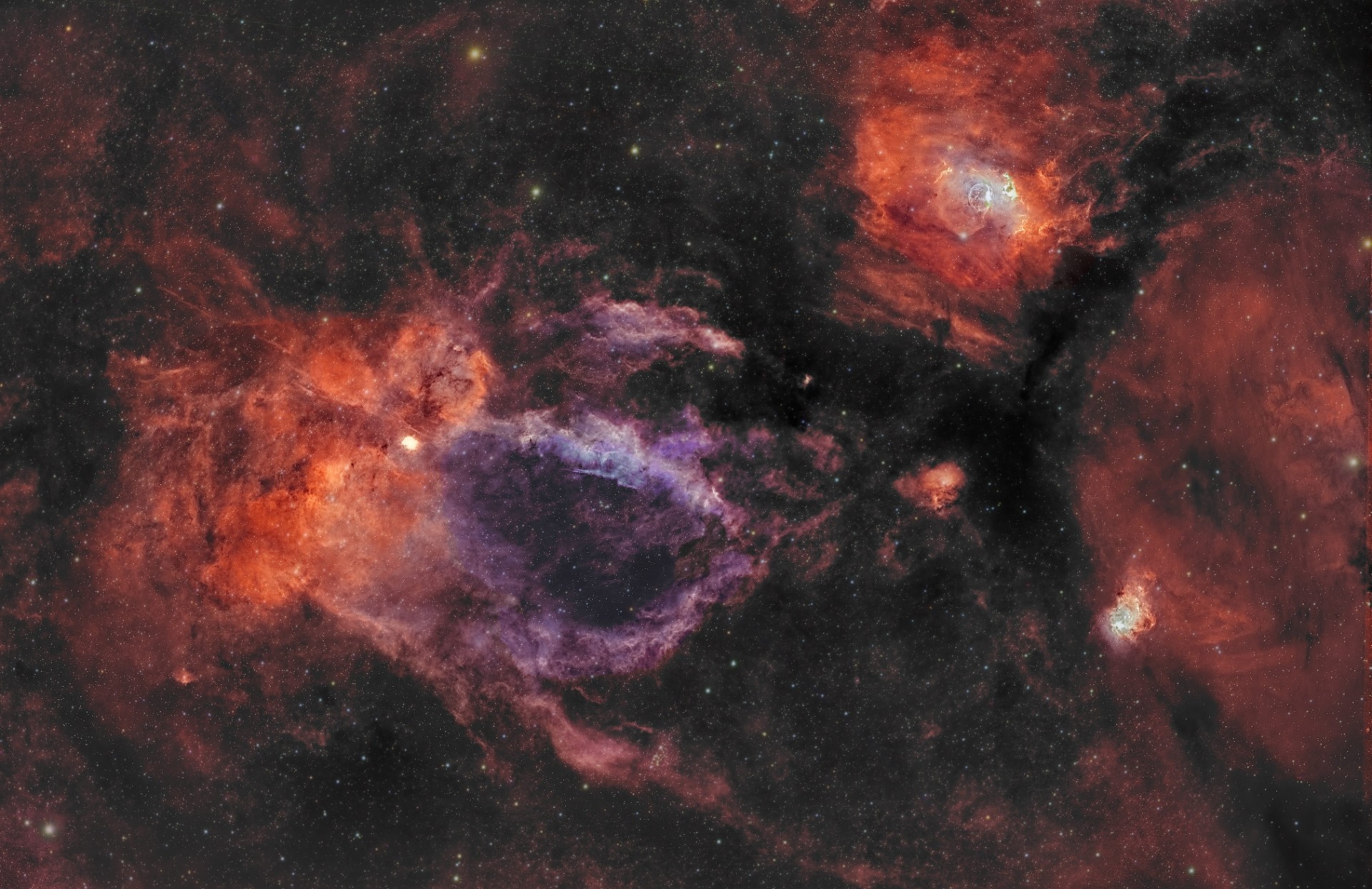 SH2-157, nébuleuse du Homard (avec la Bulle). L80/360, SHO-HOO lum S+H, étoiles en RVB (calibrées GAIA). 21,5 heures de poses.